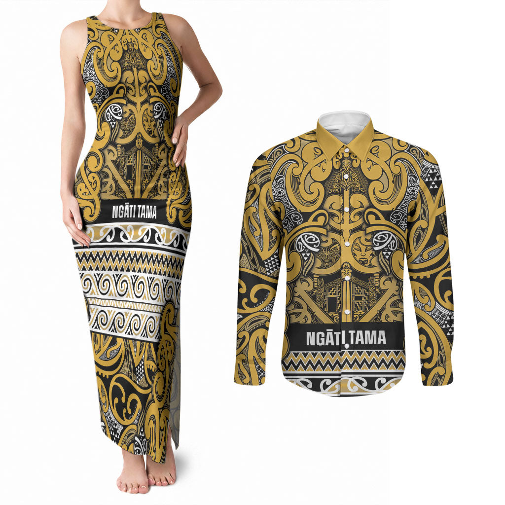 Aotearoa Iwi Ngāti Tama ki Te Waipounamu Trust Couples Matching Tank Maxi Dress and Long Sleeve Button Shirt Maori Wharenui House Tribal Pattern