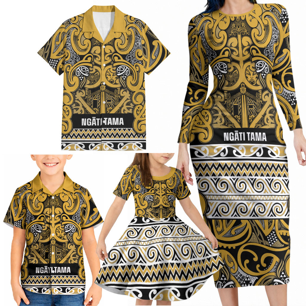 Aotearoa Iwi Ngāti Tama ki Te Waipounamu Trust Family Matching Long Sleeve Bodycon Dress and Hawaiian Shirt Maori Wharenui House Tribal Pattern