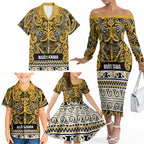 Aotearoa Iwi Ngāti Tama ki Te Waipounamu Trust Family Matching Off The Shoulder Long Sleeve Dress and Hawaiian Shirt Maori Wharenui House Tribal Pattern
