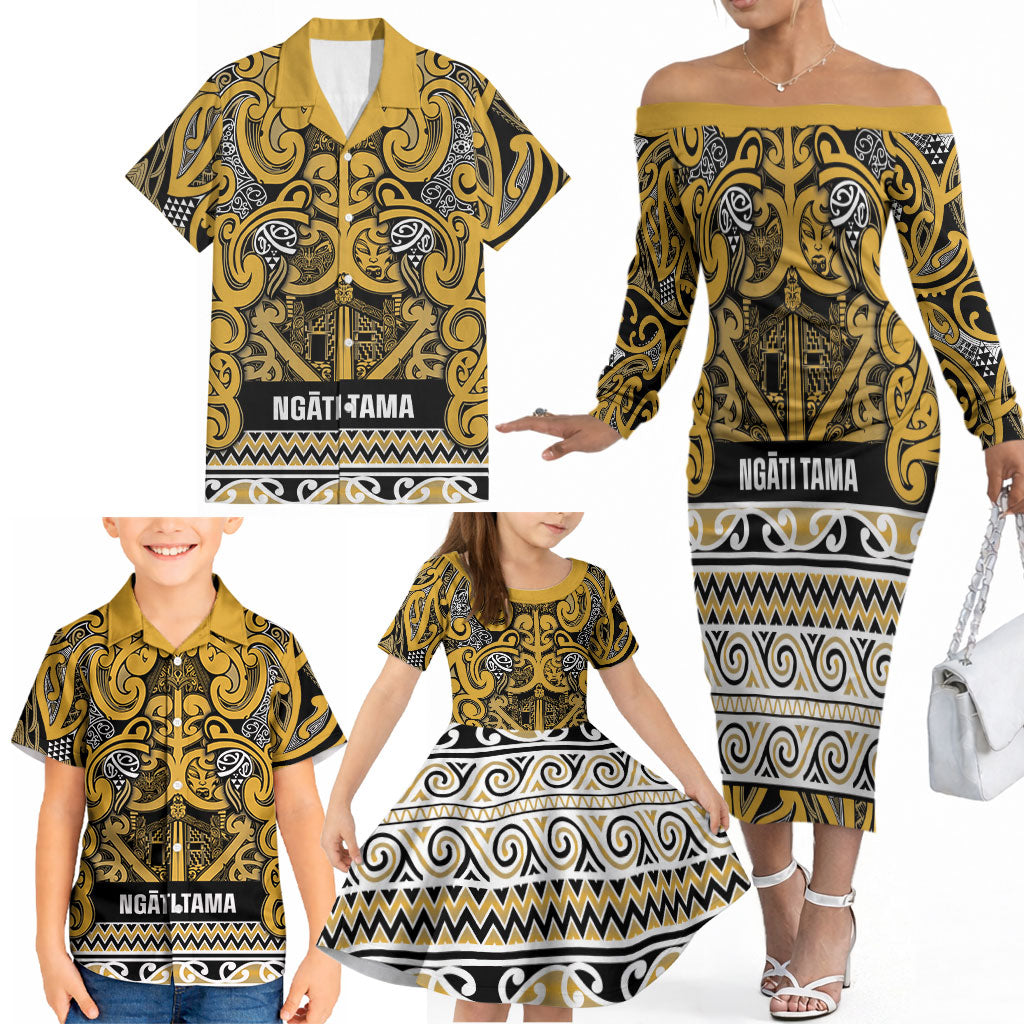 Aotearoa Iwi Ngāti Tama ki Te Waipounamu Trust Family Matching Off The Shoulder Long Sleeve Dress and Hawaiian Shirt Maori Wharenui House Tribal Pattern