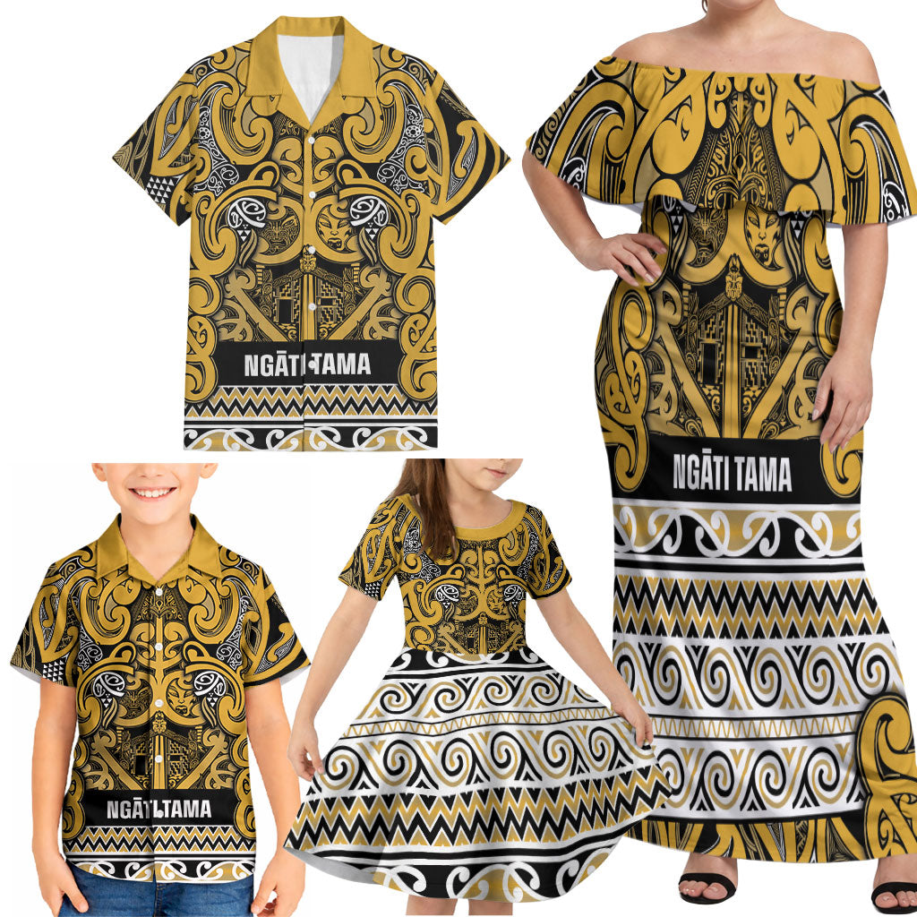 Aotearoa Iwi Ngāti Tama ki Te Waipounamu Trust Family Matching Off Shoulder Maxi Dress and Hawaiian Shirt Maori Wharenui House Tribal Pattern