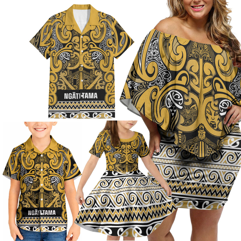 Aotearoa Iwi Ngāti Tama ki Te Waipounamu Trust Family Matching Off Shoulder Short Dress and Hawaiian Shirt Maori Wharenui House Tribal Pattern