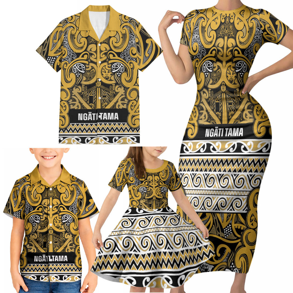 Aotearoa Iwi Ngāti Tama ki Te Waipounamu Trust Family Matching Short Sleeve Bodycon Dress and Hawaiian Shirt Maori Wharenui House Tribal Pattern