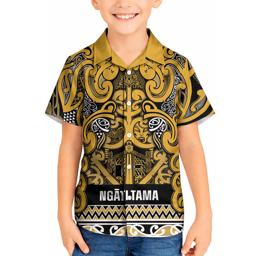 Aotearoa Iwi Ngāti Tama ki Te Waipounamu Trust Kid Hawaiian Shirt Maori Wharenui House Tribal Pattern