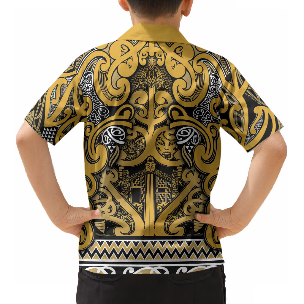 Aotearoa Iwi Ngāti Tama ki Te Waipounamu Trust Kid Hawaiian Shirt Maori Wharenui House Tribal Pattern