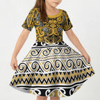 Aotearoa Iwi Ngāti Tama ki Te Waipounamu Trust Kid Short Sleeve Dress Maori Wharenui House Tribal Pattern