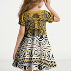 Aotearoa Iwi Ngāti Tama ki Te Waipounamu Trust Kid Short Sleeve Dress Maori Wharenui House Tribal Pattern