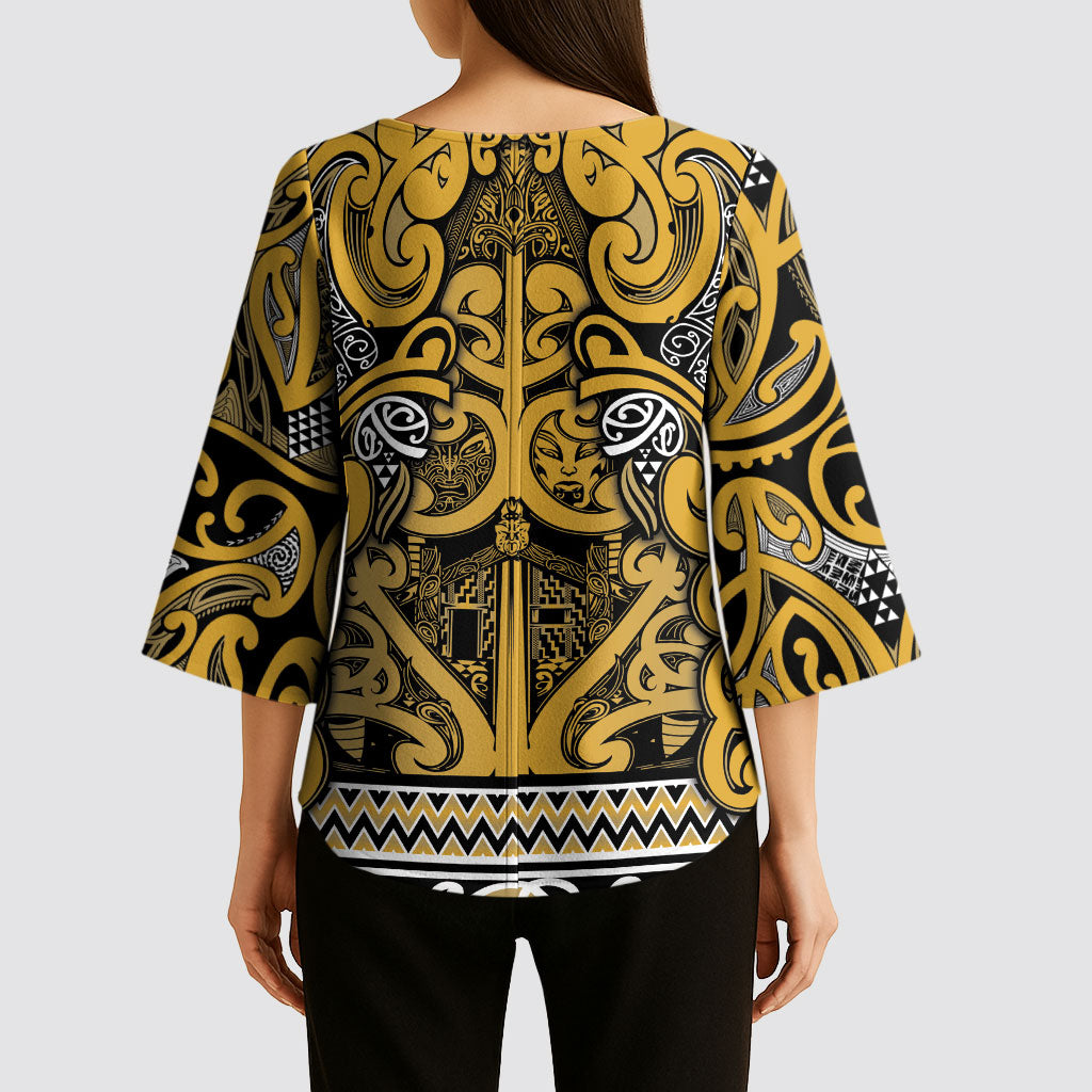 Aotearoa Iwi Ngāti Tama ki Te Waipounamu Trust Kimono Sleeve Blouse Maori Wharenui House Tribal Pattern