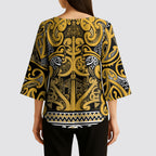 Aotearoa Iwi Ngāti Tama ki Te Waipounamu Trust Kimono Sleeve Blouse Maori Wharenui House Tribal Pattern