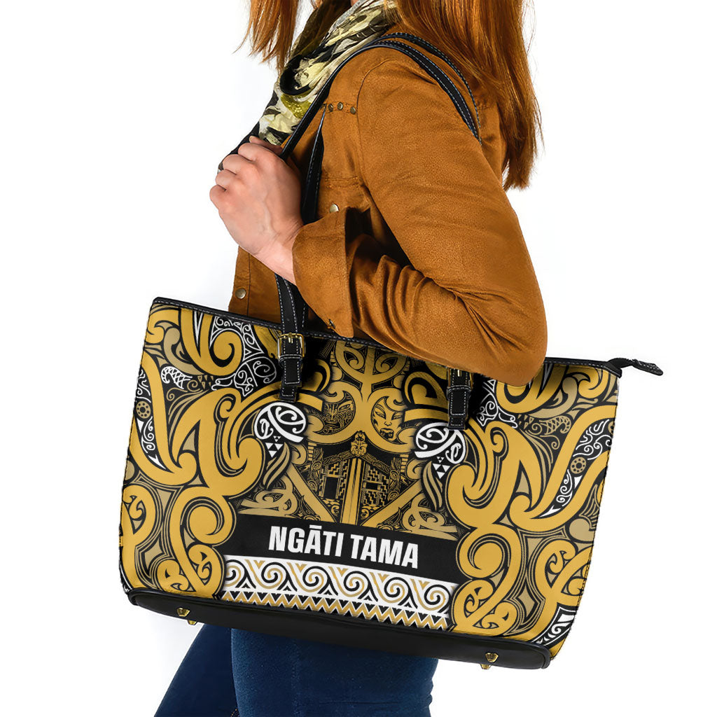 Aotearoa Iwi Ngāti Tama ki Te Waipounamu Trust Leather Tote Bag Maori Wharenui House Tribal Pattern