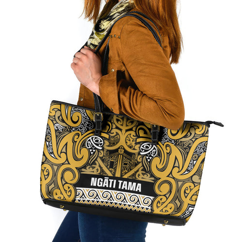 Aotearoa Iwi Ngāti Tama ki Te Waipounamu Trust Leather Tote Bag Maori Wharenui House Tribal Pattern