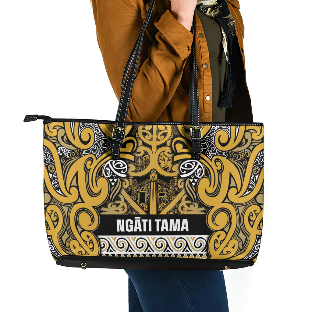 Aotearoa Iwi Ngāti Tama ki Te Waipounamu Trust Leather Tote Bag Maori Wharenui House Tribal Pattern