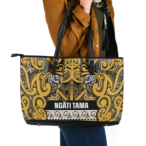 Aotearoa Iwi Ngāti Tama ki Te Waipounamu Trust Leather Tote Bag Maori Wharenui House Tribal Pattern