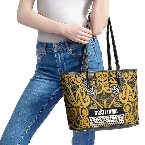 Aotearoa Iwi Ngāti Tama ki Te Waipounamu Trust Leather Tote Bag Maori Wharenui House Tribal Pattern