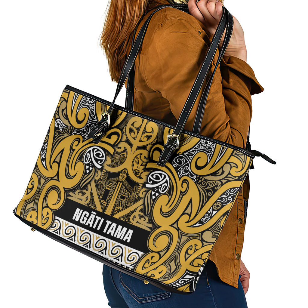 Aotearoa Iwi Ngāti Tama ki Te Waipounamu Trust Leather Tote Bag Maori Wharenui House Tribal Pattern