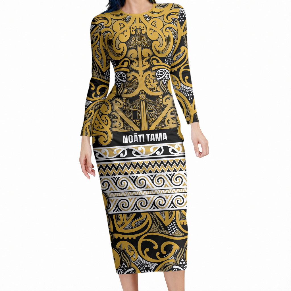 Aotearoa Iwi Ngāti Tama ki Te Waipounamu Trust Long Sleeve Bodycon Dress Maori Wharenui House Tribal Pattern