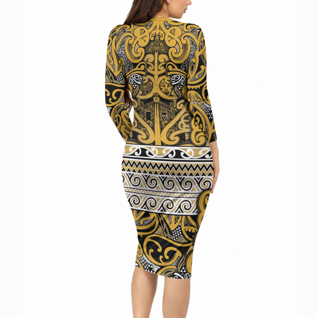 Aotearoa Iwi Ngāti Tama ki Te Waipounamu Trust Long Sleeve Bodycon Dress Maori Wharenui House Tribal Pattern