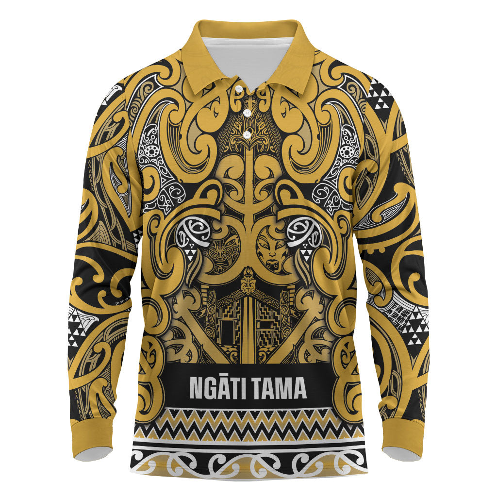 Aotearoa Iwi Ngāti Tama ki Te Waipounamu Trust Long Sleeve Polo Shirt Maori Wharenui House Tribal Pattern