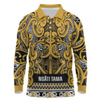 Aotearoa Iwi Ngāti Tama ki Te Waipounamu Trust Long Sleeve Polo Shirt Maori Wharenui House Tribal Pattern