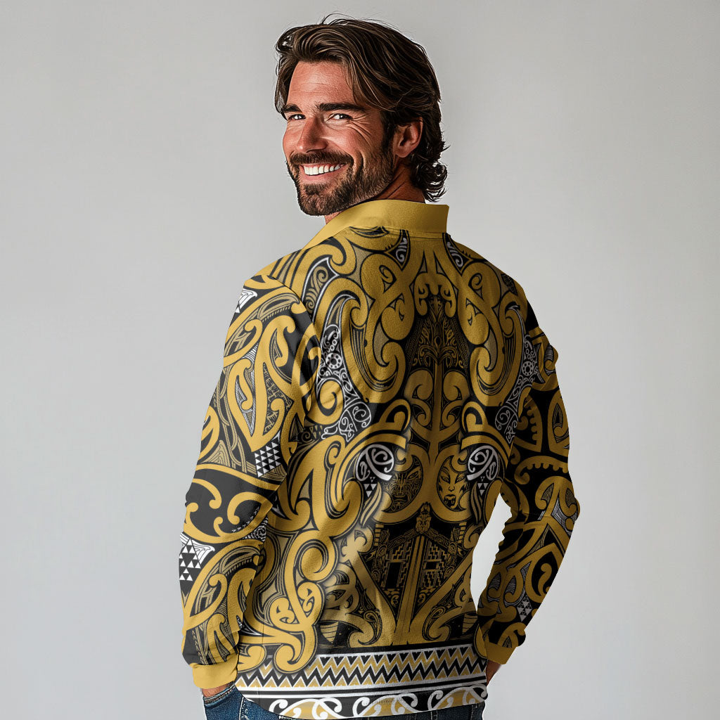 Aotearoa Iwi Ngāti Tama ki Te Waipounamu Trust Long Sleeve Polo Shirt Maori Wharenui House Tribal Pattern
