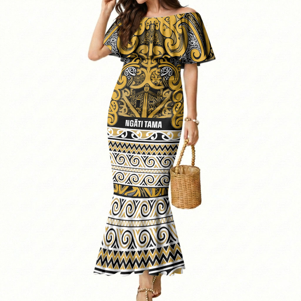 Aotearoa Iwi Ngāti Tama ki Te Waipounamu Trust Mermaid Dress Maori Wharenui House Tribal Pattern
