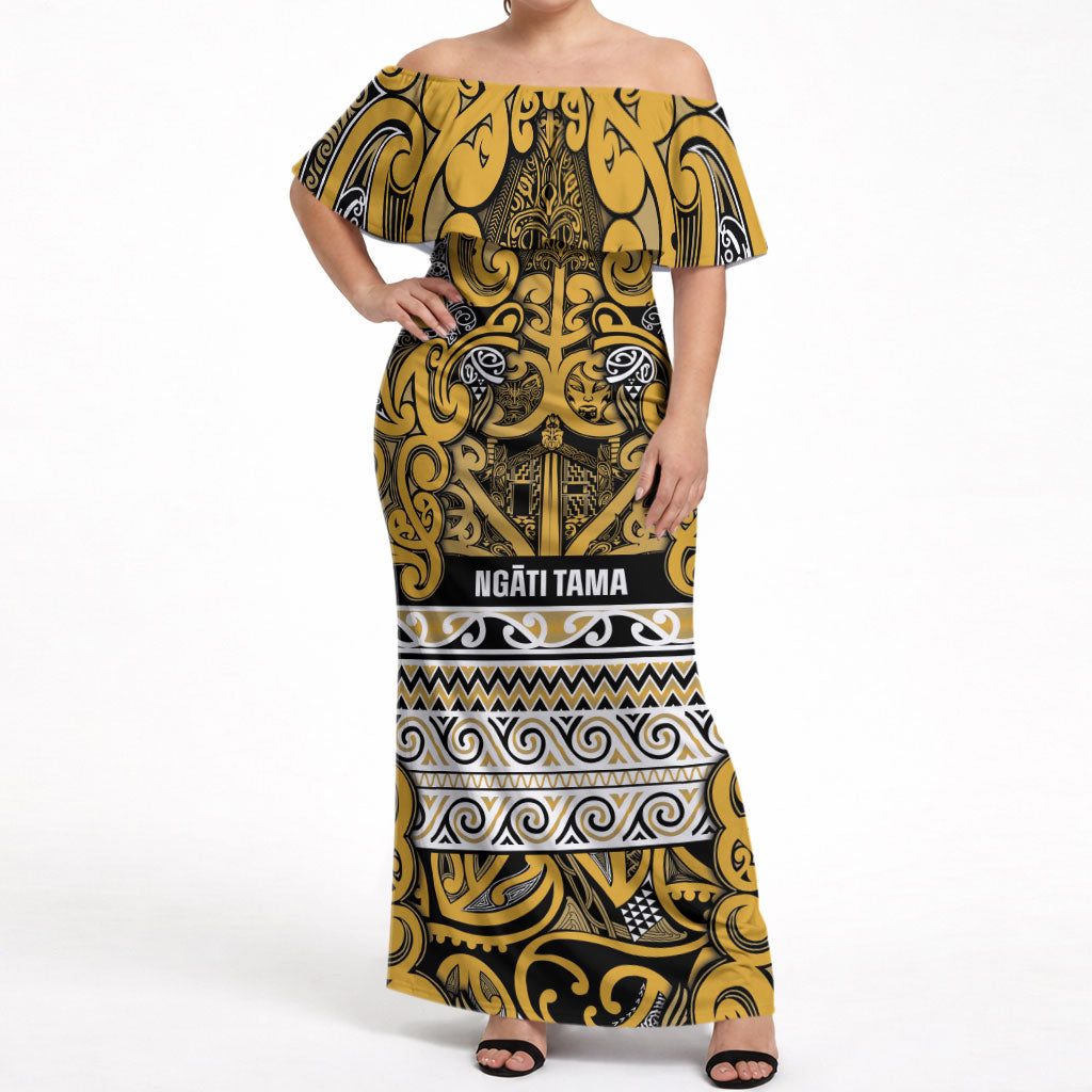 Aotearoa Iwi Ngāti Tama ki Te Waipounamu Trust Off Shoulder Maxi Dress Maori Wharenui House Tribal Pattern