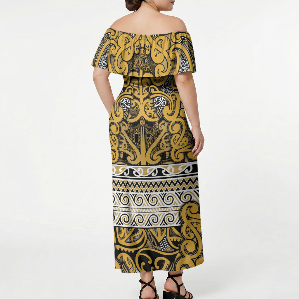Aotearoa Iwi Ngāti Tama ki Te Waipounamu Trust Off Shoulder Maxi Dress Maori Wharenui House Tribal Pattern