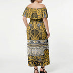Aotearoa Iwi Ngāti Tama ki Te Waipounamu Trust Off Shoulder Maxi Dress Maori Wharenui House Tribal Pattern