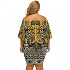Aotearoa Iwi Ngāti Tama ki Te Waipounamu Trust Off Shoulder Short Dress Maori Wharenui House Tribal Pattern
