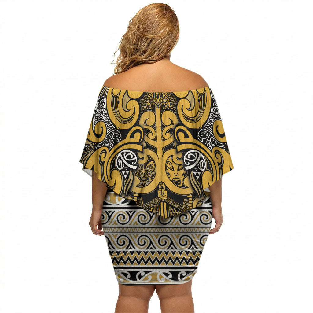 Aotearoa Iwi Ngāti Tama ki Te Waipounamu Trust Off Shoulder Short Dress Maori Wharenui House Tribal Pattern