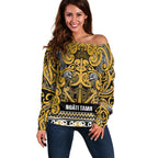 Aotearoa Iwi Ngāti Tama ki Te Waipounamu Trust Off Shoulder Sweater Maori Wharenui House Tribal Pattern