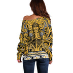 Aotearoa Iwi Ngāti Tama ki Te Waipounamu Trust Off Shoulder Sweater Maori Wharenui House Tribal Pattern
