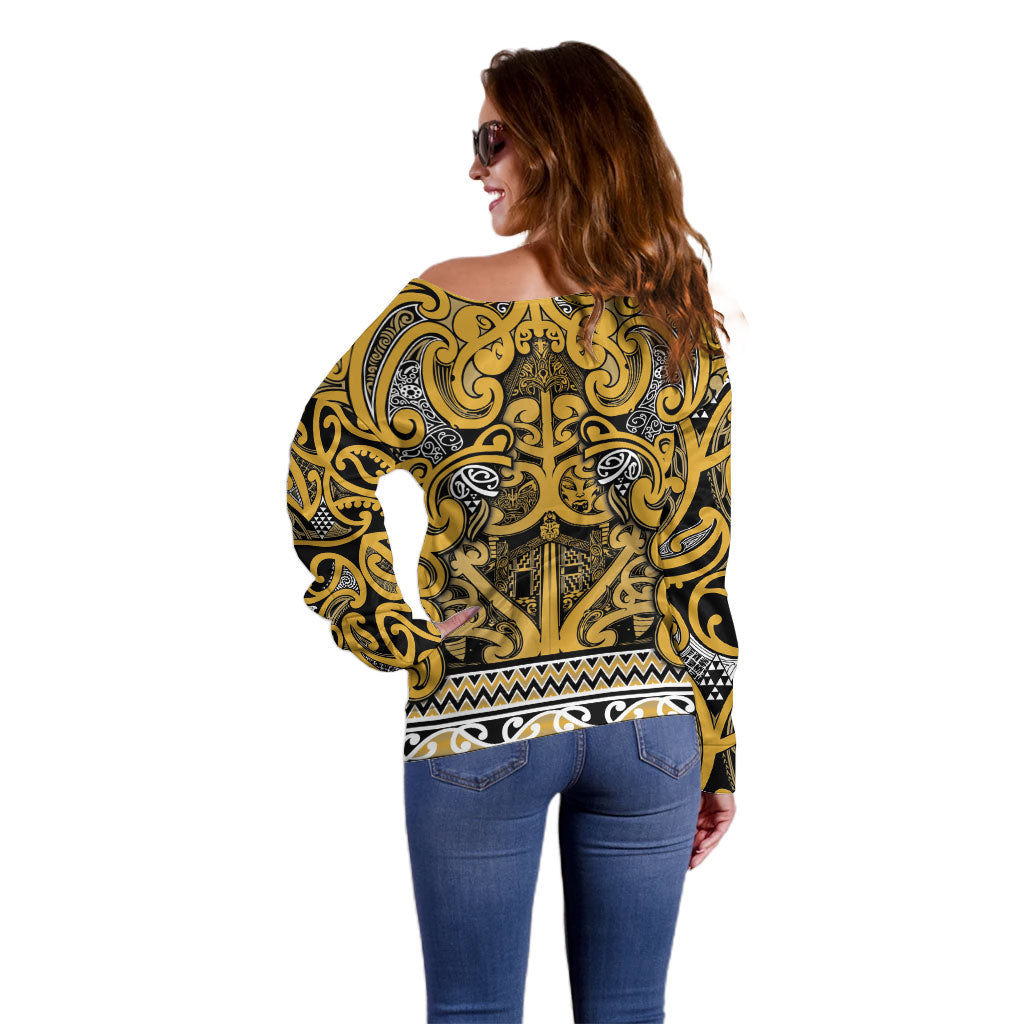 Aotearoa Iwi Ngāti Tama ki Te Waipounamu Trust Off Shoulder Sweater Maori Wharenui House Tribal Pattern