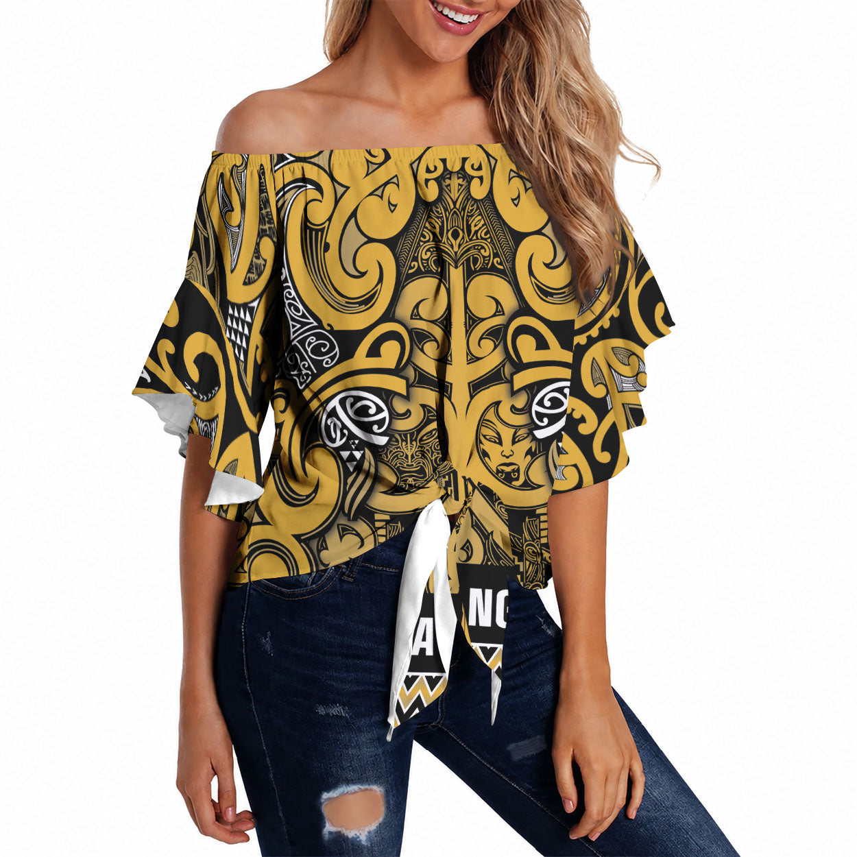 Aotearoa Iwi Ngāti Tama ki Te Waipounamu Trust Off Shoulder Wrap Waist Top Maori Wharenui House Tribal Pattern