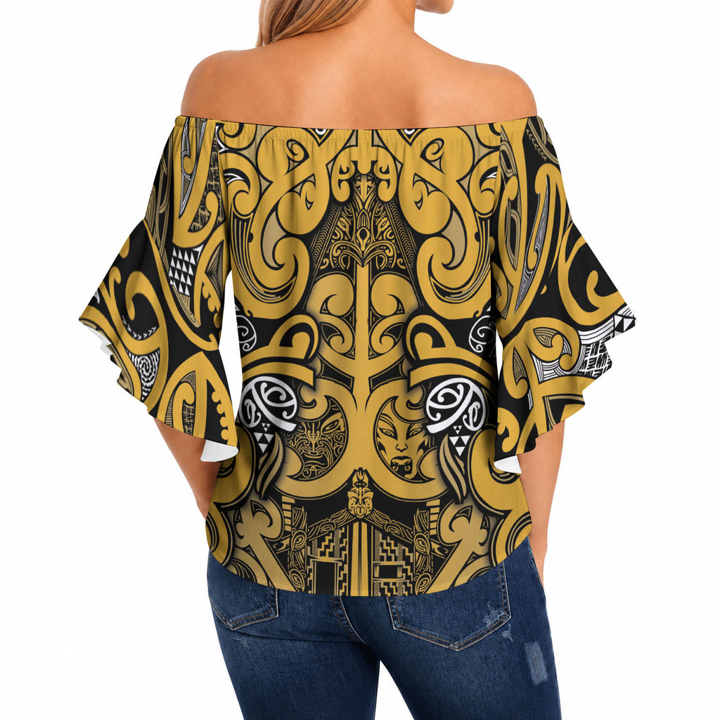 Aotearoa Iwi Ngāti Tama ki Te Waipounamu Trust Off Shoulder Wrap Waist Top Maori Wharenui House Tribal Pattern