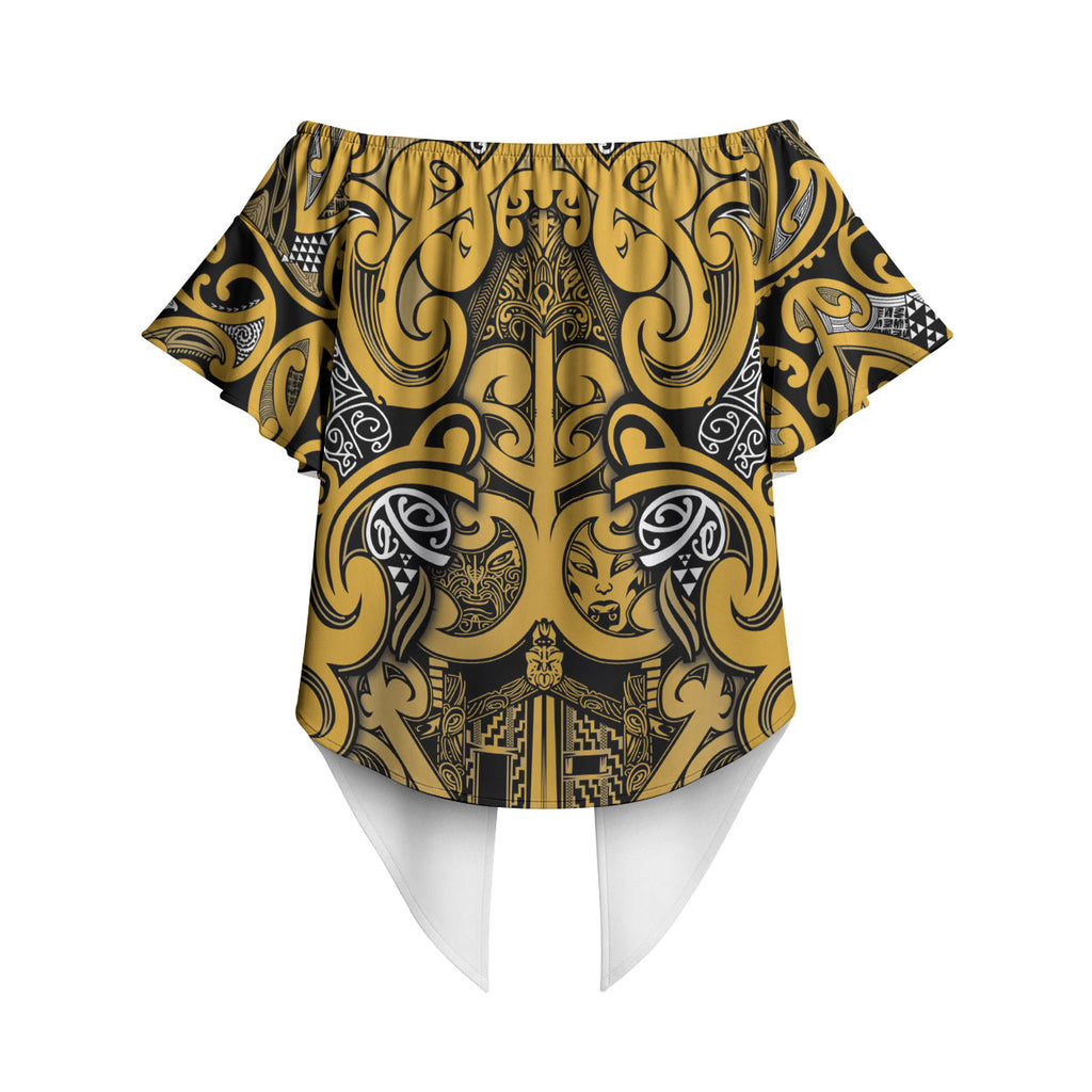 Aotearoa Iwi Ngāti Tama ki Te Waipounamu Trust Off Shoulder Wrap Waist Top Maori Wharenui House Tribal Pattern