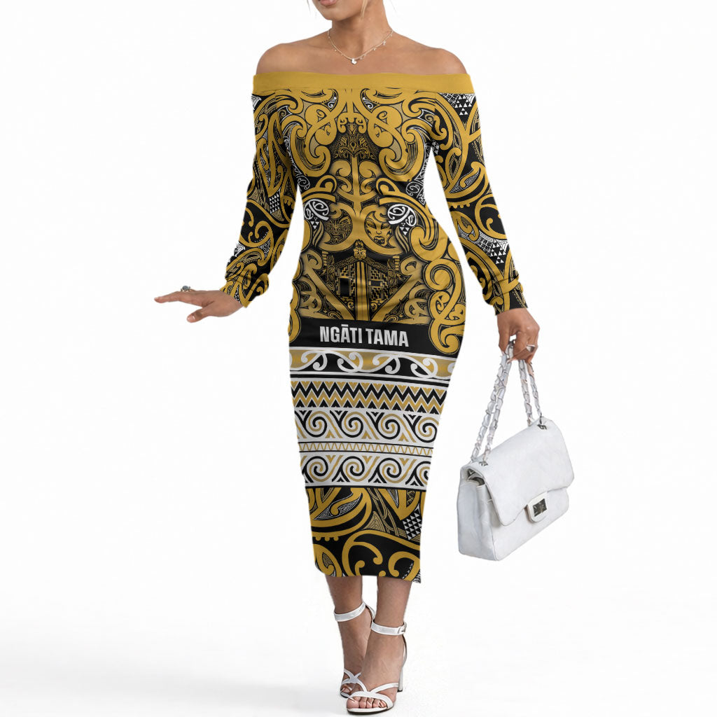 Aotearoa Iwi Ngāti Tama ki Te Waipounamu Trust Off The Shoulder Long Sleeve Dress Maori Wharenui House Tribal Pattern
