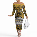 Aotearoa Iwi Ngāti Tama ki Te Waipounamu Trust Off The Shoulder Long Sleeve Dress Maori Wharenui House Tribal Pattern