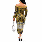 Aotearoa Iwi Ngāti Tama ki Te Waipounamu Trust Off The Shoulder Long Sleeve Dress Maori Wharenui House Tribal Pattern