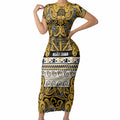 Aotearoa Iwi Ngāti Tama ki Te Waipounamu Trust Short Sleeve Bodycon Dress Maori Wharenui House Tribal Pattern