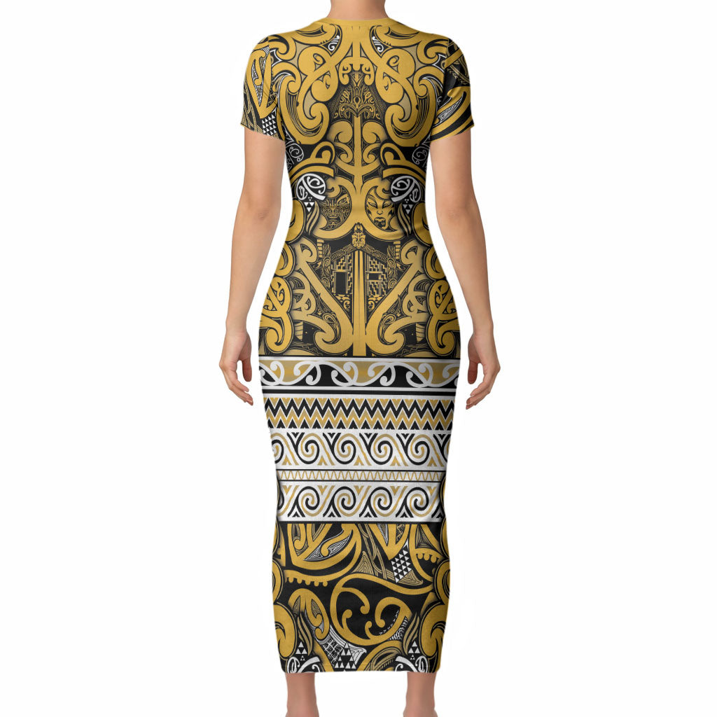 Aotearoa Iwi Ngāti Tama ki Te Waipounamu Trust Short Sleeve Bodycon Dress Maori Wharenui House Tribal Pattern