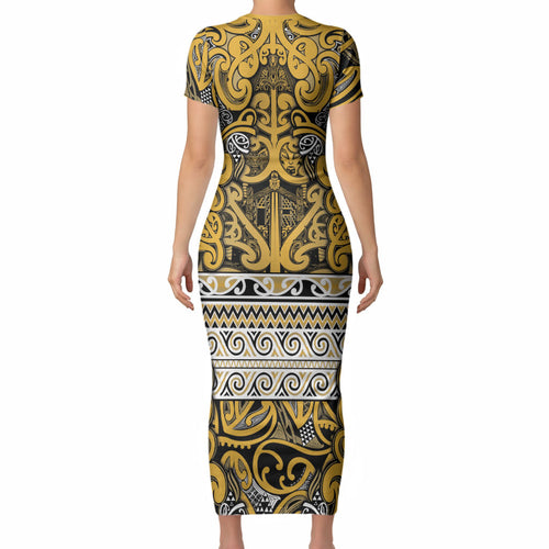 Aotearoa Iwi Ngāti Tama ki Te Waipounamu Trust Short Sleeve Bodycon Dress Maori Wharenui House Tribal Pattern