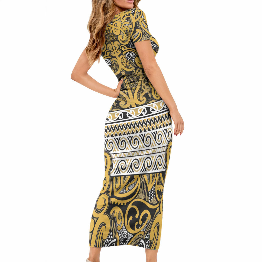 Aotearoa Iwi Ngāti Tama ki Te Waipounamu Trust Short Sleeve Bodycon Dress Maori Wharenui House Tribal Pattern