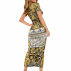 Aotearoa Iwi Ngāti Tama ki Te Waipounamu Trust Short Sleeve Bodycon Dress Maori Wharenui House Tribal Pattern