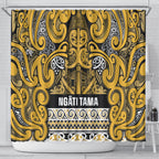 Aotearoa Iwi Ngāti Tama ki Te Waipounamu Trust Shower Curtain Maori Wharenui House Tribal Pattern