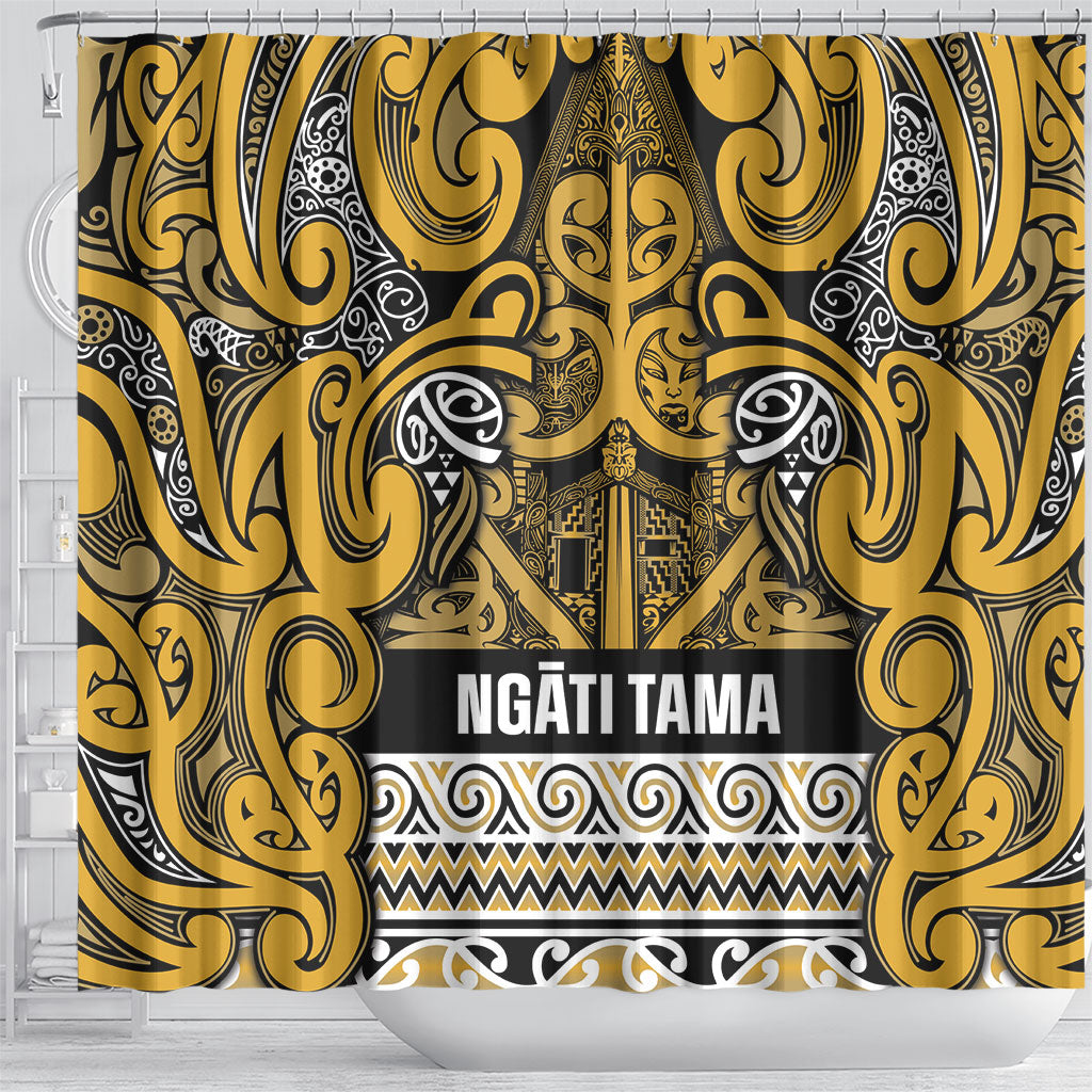 Aotearoa Iwi Ngāti Tama ki Te Waipounamu Trust Shower Curtain Maori Wharenui House Tribal Pattern