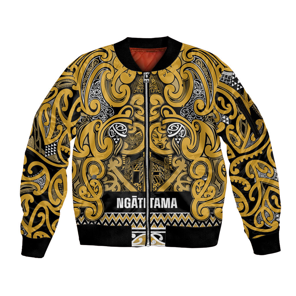 Aotearoa Iwi Ngāti Tama ki Te Waipounamu Trust Sleeve Zip Bomber Jacket Maori Wharenui House Tribal Pattern