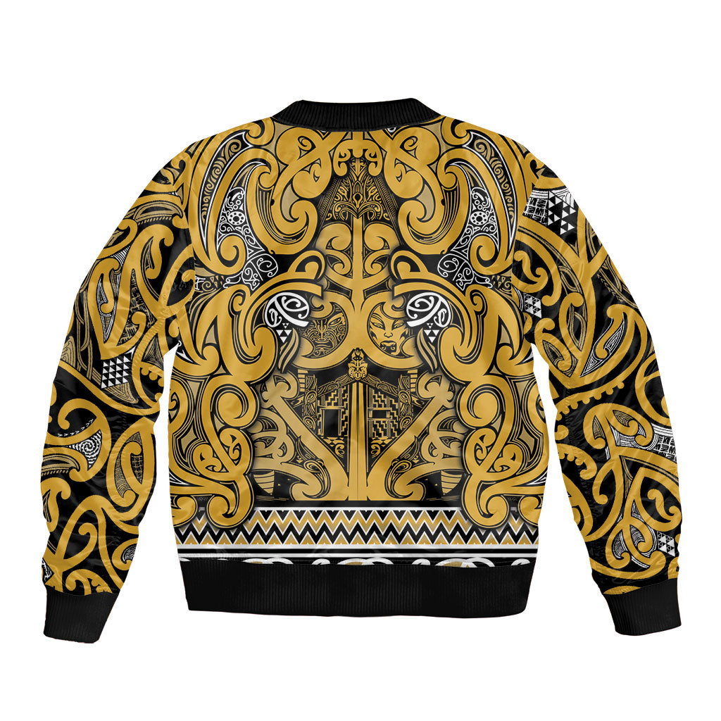Aotearoa Iwi Ngāti Tama ki Te Waipounamu Trust Sleeve Zip Bomber Jacket Maori Wharenui House Tribal Pattern