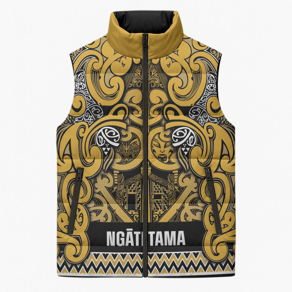 Aotearoa Iwi Ngāti Tama ki Te Waipounamu Trust Sleeveless Puffer Jacket Maori Wharenui House Tribal Pattern