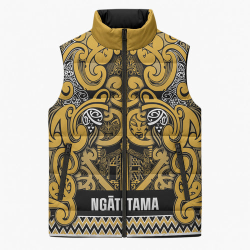 Aotearoa Iwi Ngāti Tama ki Te Waipounamu Trust Sleeveless Puffer Jacket Maori Wharenui House Tribal Pattern